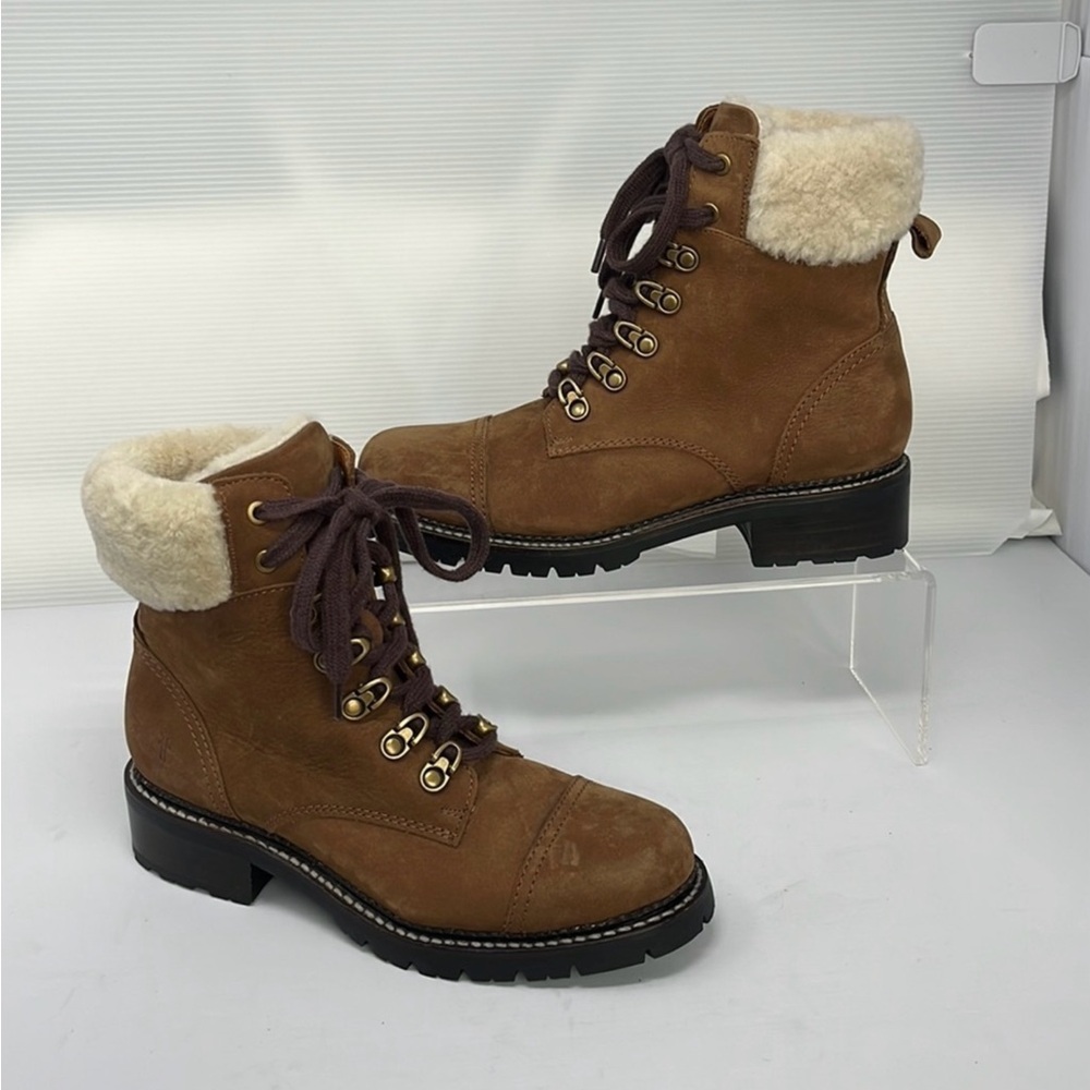 Frye Samantha Hiker Boots Leather Suede Shearling Lining Collar 7